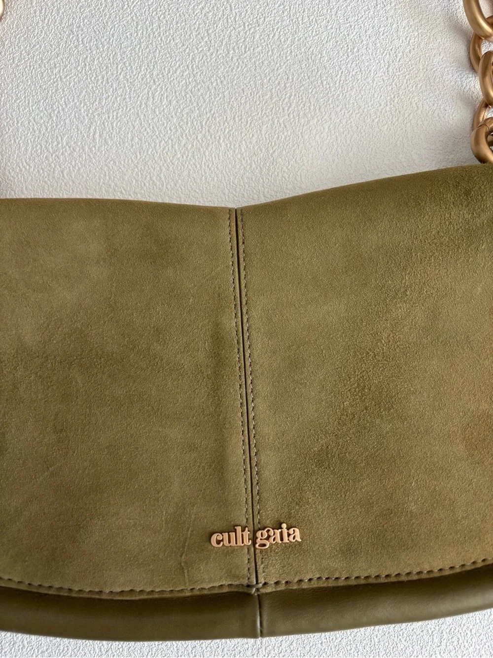 cult gaia Olive Suede Shoulder Bag with Gold Chain